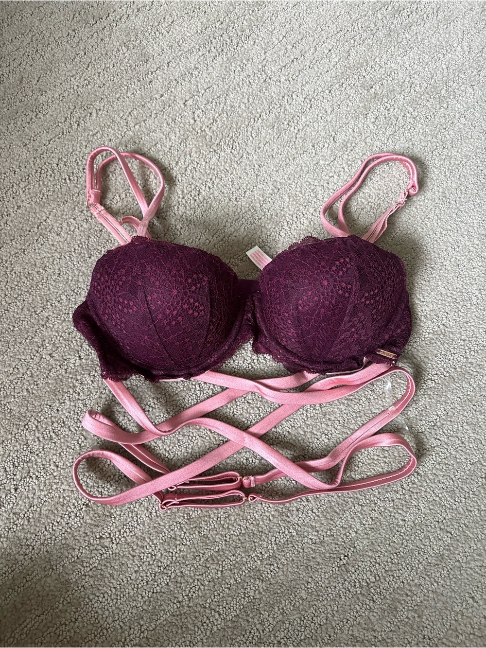 PINK Victoria's Secret Burgundy Lace Push-Up Bra with Pink Straps